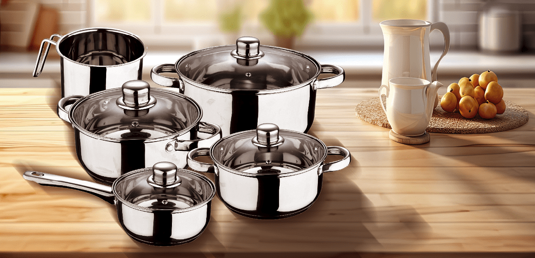 A set of pots and pans are displayed on a wooden table. AI generated content