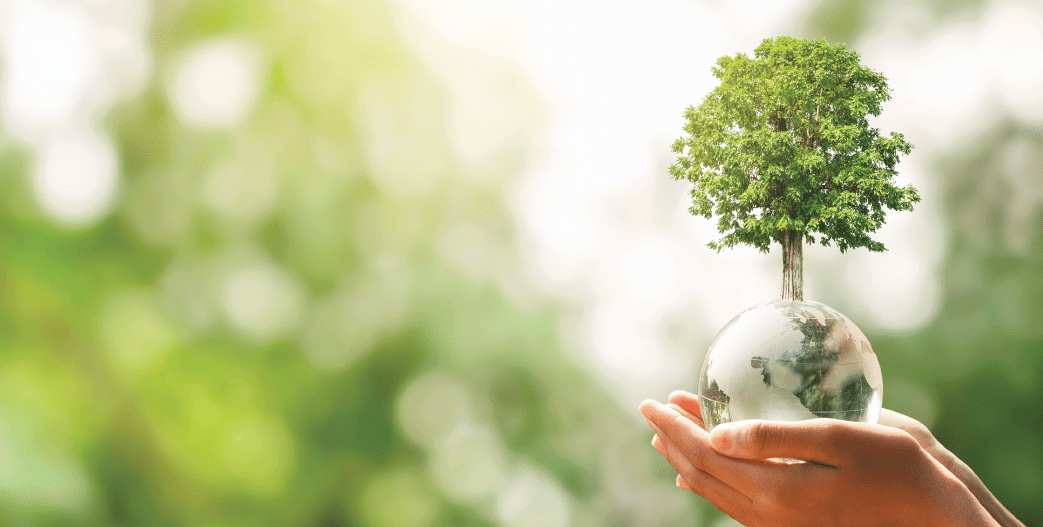 A person is holding a small tree in their hand, with the tree growing out of a small globe. AI generated content