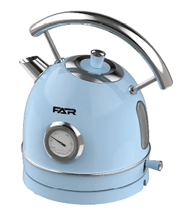 A blue tea kettle with a silver handle and a clock on the side. AI generated content