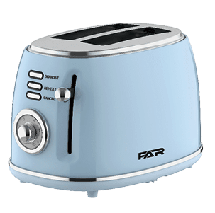 A small blue toaster with a silver handle. AI generated content