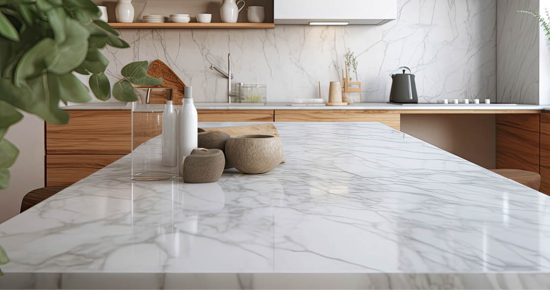 A kitchen with a marble countertop and a stove top oven. AI generated content