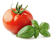 A close up of a red tomato with green leaves beside it. AI generated content