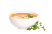 A white bowl filled with a creamy soup containing a sprig of parsley. AI generated content