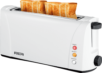 A white toaster with two slices of bread in it. AI generated content