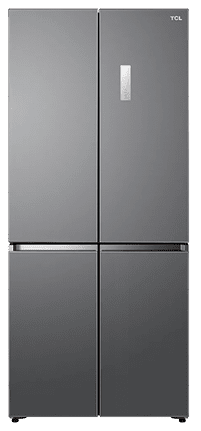 A large stainless steel refrigerator with a white door. AI generated content