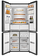 A refrigerator with its door open, revealing a shelf inside. AI generated content
