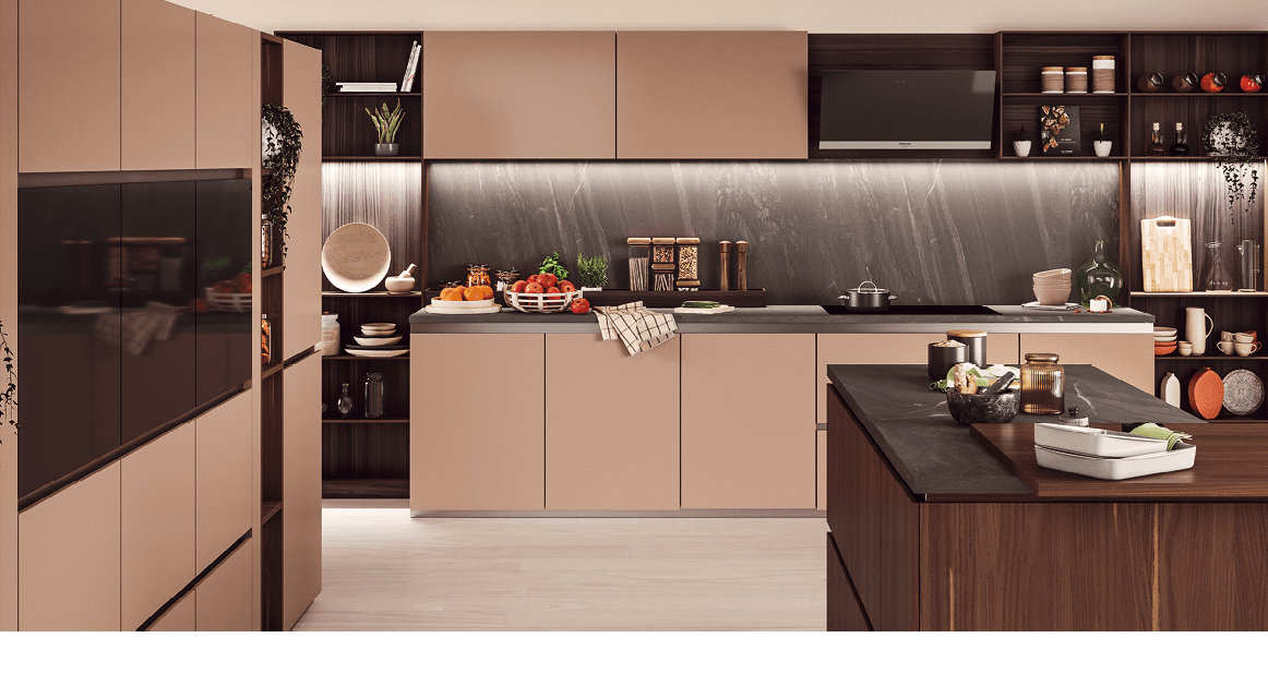 A kitchen with a marble countertop and a TV mounted on the wall. AI generated content