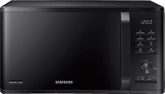 A black microwave oven with a digital display. AI generated content