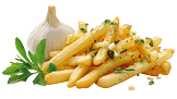 A plate of french fries with a sprig of parsley on top. AI generated content