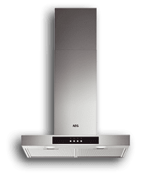 A stainless steel kitchen vent hood with a white background. Conte do gerado por IA