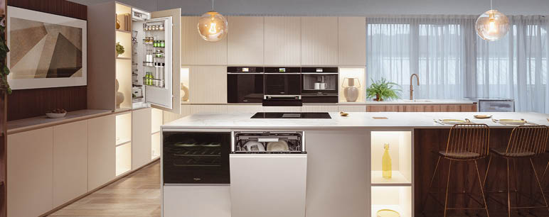 A modern kitchen with white appliances, a center island, and a large window. AI generated content