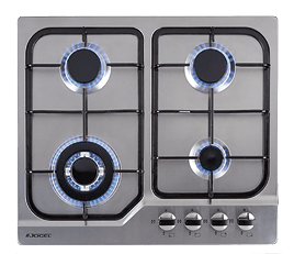 A stainless steel oven with a stove top and blue knobs. AI generated content