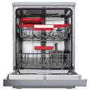 A dishwasher with a red and silver rack. AI generated content