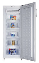 A white refrigerator with a glass door and a freezer section. AI generated content