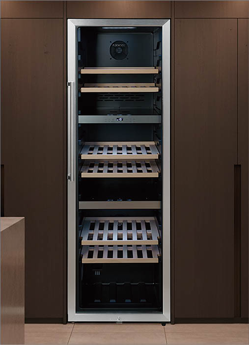 A wine refrigerator with a glass door and a stainless steel interior. AI generated content