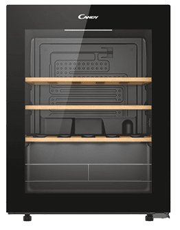 A black and silver microwave with a wooden shelf inside. AI generated content