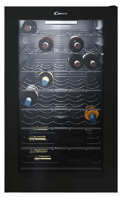 A black wine refrigerator with a glass door and a rack of wine bottles inside. AI generated content