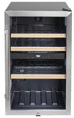 A black wine refrigerator with a glass door and a rack of wine bottles inside. AI generated content