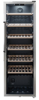 A black wine refrigerator with a glass door and a rack of wine bottles inside. AI generated content