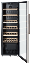 A black wine refrigerator with a glass door and a rack of wine bottles inside. AI generated content