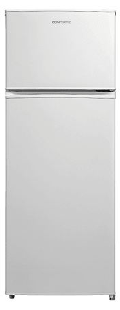 A white refrigerator is standing upright in a kitchen. AI generated content