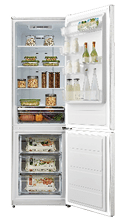A white refrigerator with a variety of food items and bottles inside. AI generated content