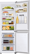 A refrigerator with a variety of food items and drinks, including fruits, vegetables, and juices. AI generated content