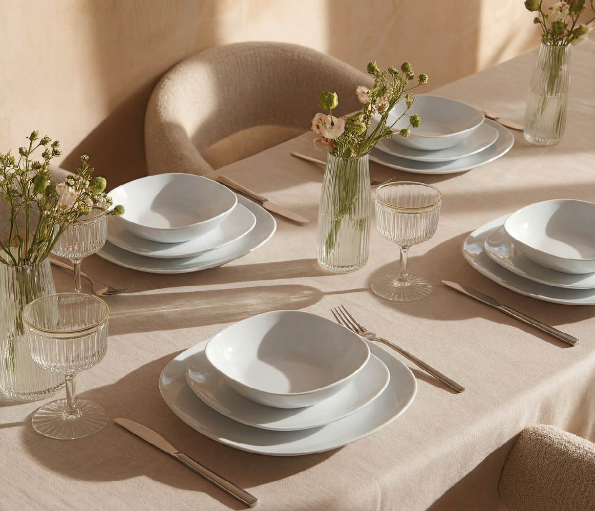 A table set with white plates, glasses, and utensils. AI generated content
