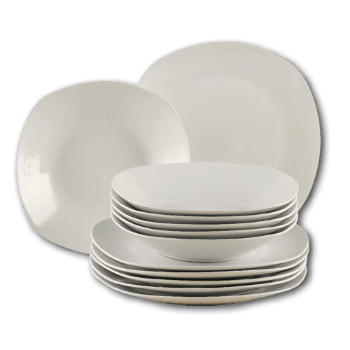 A stack of white plates and bowls on a white background. AI generated content