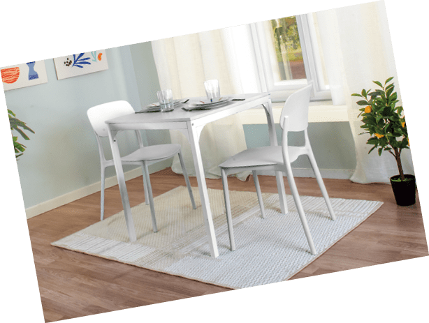 A dining room with a white table and chairs. A potted plant and a vase are also present in the room. AI generated content
