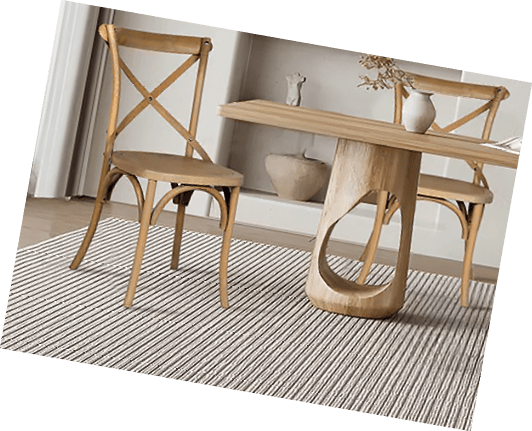 A dining room with a table and chairs, a potted plant, and a vase. AI generated content