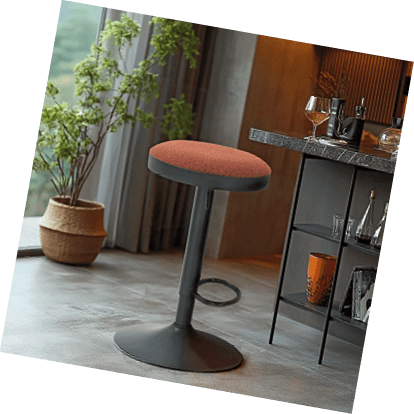 A black stool with a brown cushion on top is placed in a room with a window and a potted plant. AI generated content