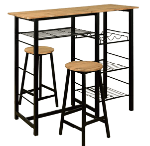 A black metal bar with three stools and a shelf above it. AI generated content