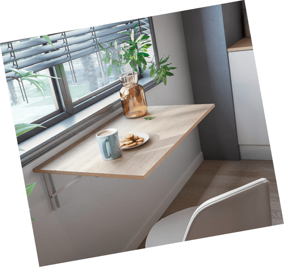 A kitchen with a window, a table, a chair, and a potted plant. AI generated content