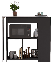 A microwave is placed on a shelf with other kitchen items. AI generated content