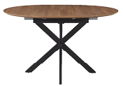 A wooden round table with a black metal base. AI generated content