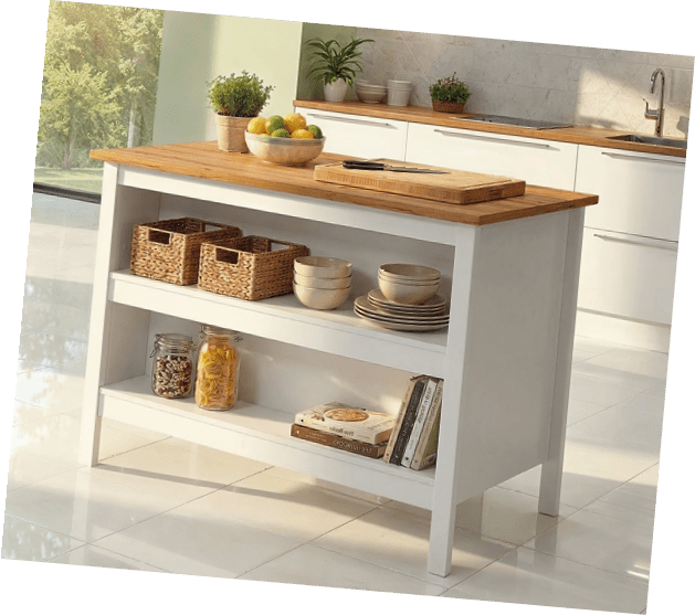 A white kitchen island with a wooden top and shelves. AI generated content