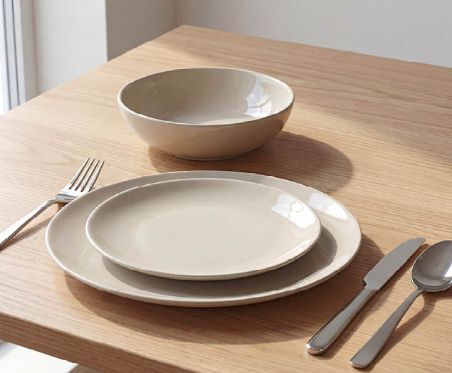 A wooden dining table with a white bowl and a spoon on it. AI generated content