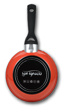 A red and black pan with the word Sanigia written on it. AI generated content