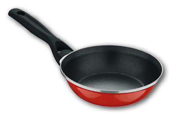 A red and black frying pan with a black handle. AI generated content