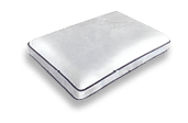 A rectangular white pillow with a textured surface and a dark trim around the edges. Description generated by AI
