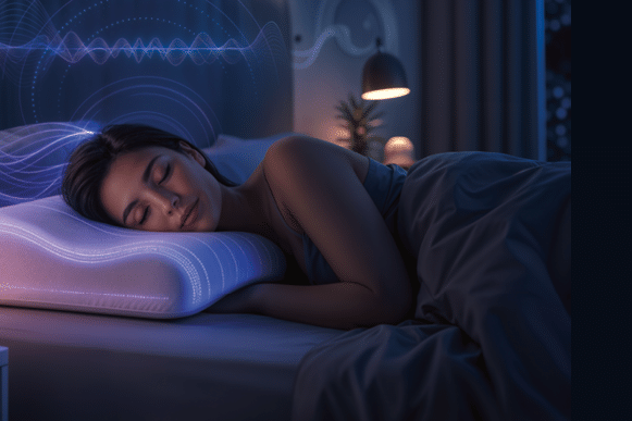 A woman is sleeping on a bed with a pillow and a light on. AI generated content