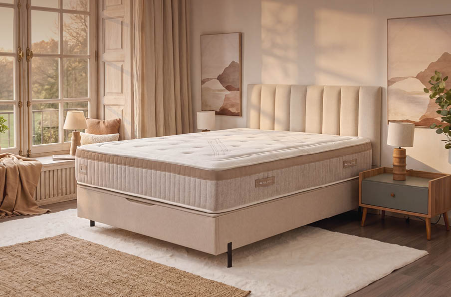 A large bed with a white mattress and pillows. AI generated content