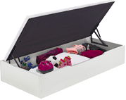 A white storage bed with the mattress lifted to reveal various items inside including a soccer ball, a pink helmet, pink boots, and folded clothes. Description generated by AI