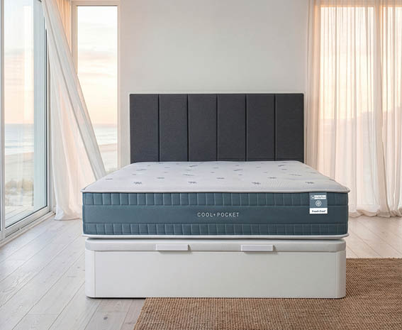 A modern bed with a dark upholstered headboard and a mattress labeled “Cool Pocket" is placed in a bright room with large windows and sheer curtains. Description generated by AI
