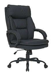 Black ergonomic office chair with padded armrests, cushioned backrest, and adjustable height on a five-wheel base. Description generated by AI
