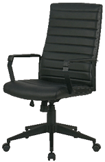 A black ergonomic office chair with armrests, a ribbed backrest, and a five-wheel base. Description generated by AI