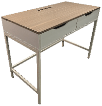 A modern desk with a light wood top, two drawers with black handles, and a white metal frame. Description generated by AI