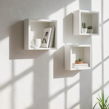 Three white square wall shelves hold small potted plants, books, and a white mug against a textured white wall with sunlight casting shadows. Description generated by AI