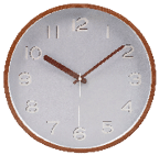 A round wall clock with a wooden frame shows the time as 10:10 with a white background and silver numbers. Description generated by AI